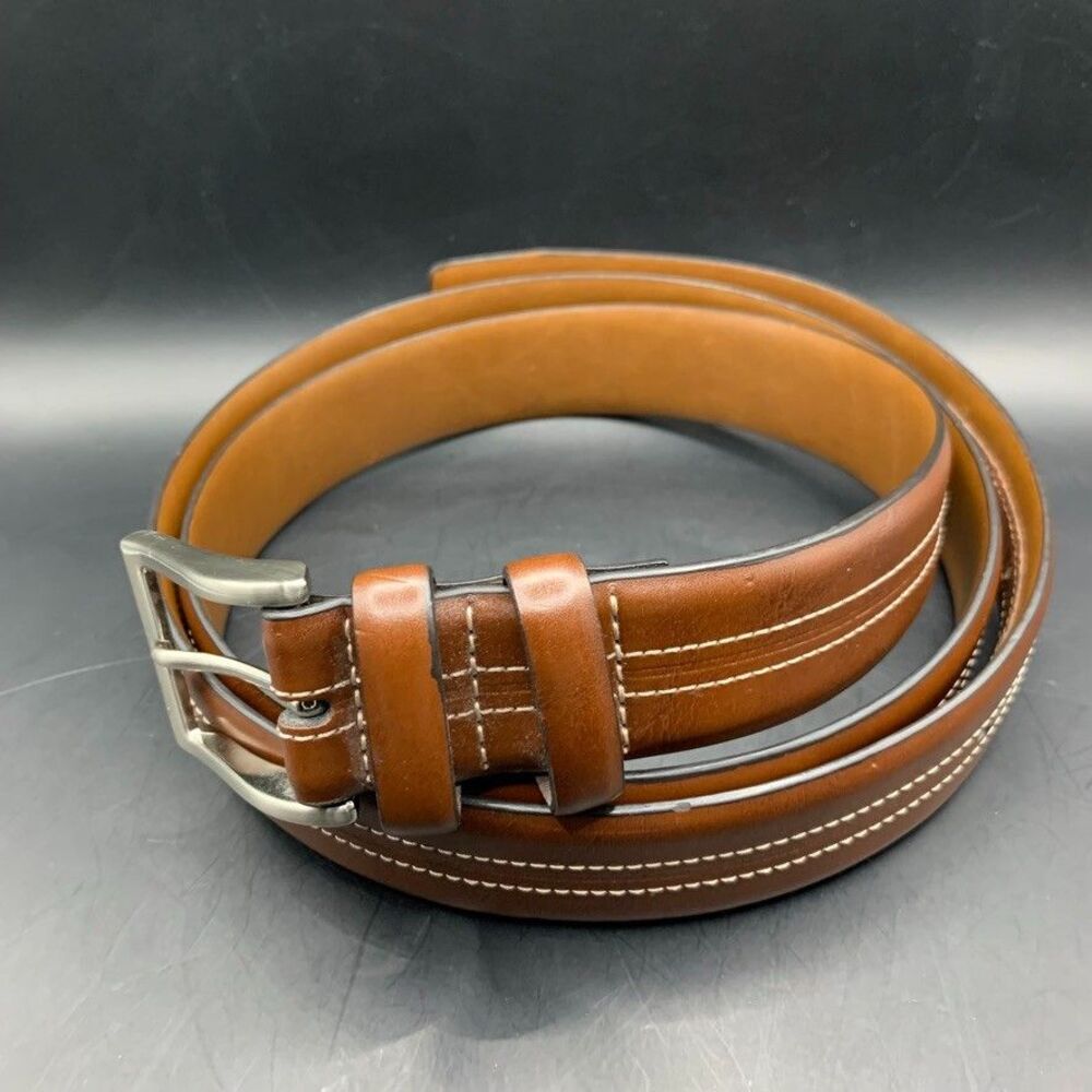 CFF Mens Belt 50 52 Brown Faux Leather Silver Tone 59 Inches White Stitching